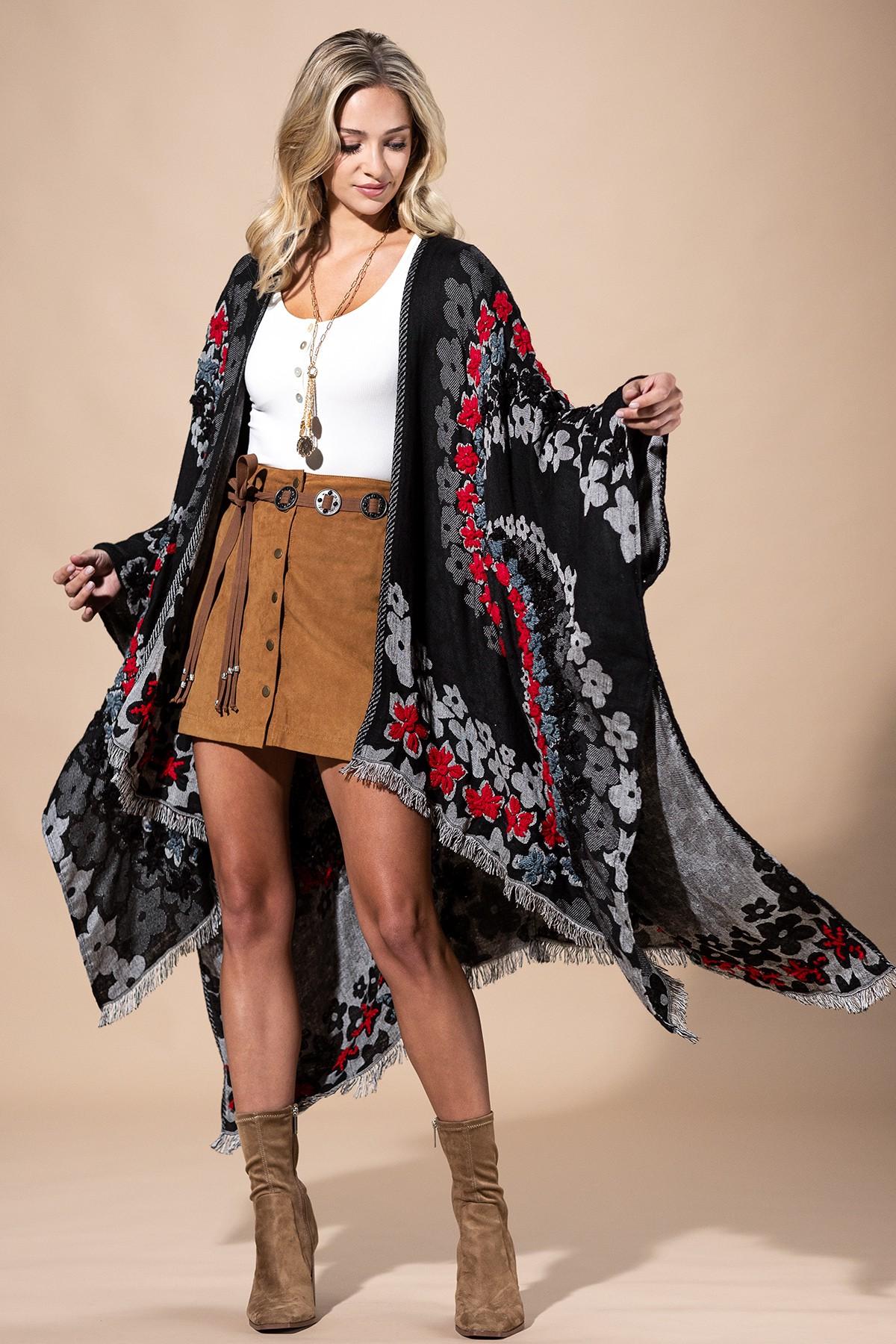 Black Floral Ruana Made In India: Women's Embroidered