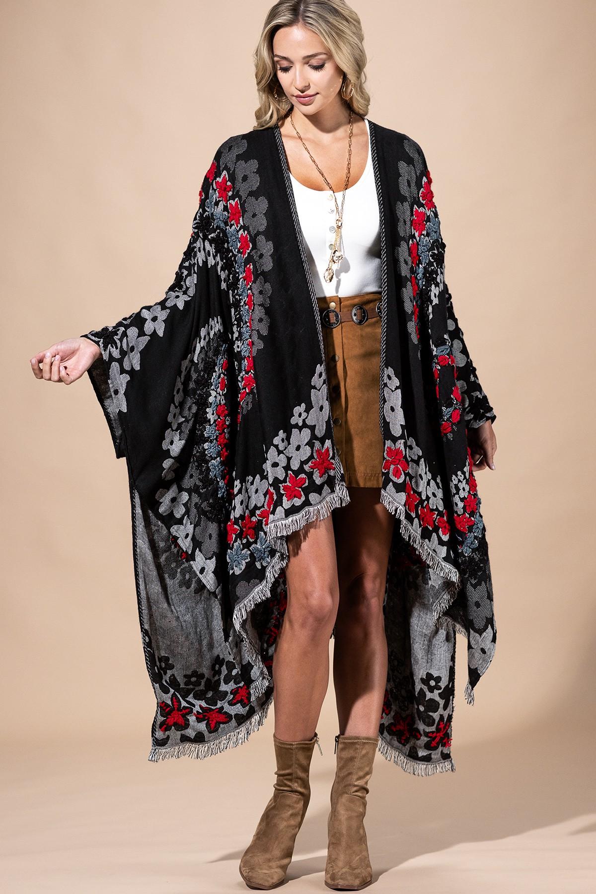 Black Floral Ruana Made In India: Women's Embroidered